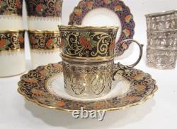 Aynsley Bone China Birks Sterling Silver 7 Jeweled Demitasse Cups Saucers B3081