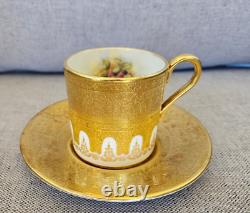 Aynsley Heavy Gold Hand Painted Orchard Demitasse Teacup And Saucer Vintage Rare