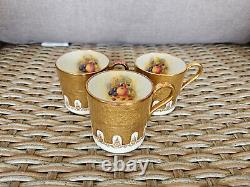Aynsley Lot Of 3 Heavy Gold Hand Painted Orchard Demitasse Teacups Vintage