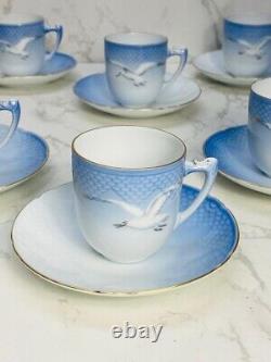 B&G Royal Copenhagen Seagull Gold Rim Demitasse Cups & Saucers Set of 8