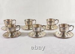 BASKET of FLOWERS (1920) by D&H (6) STERLING DEMITASSE CUPS & SAUCERS