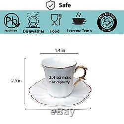 BTäT- Espresso Cups and Saucers, Set of 6 Demitasse Cups 2.4 oz with Gold Trim
