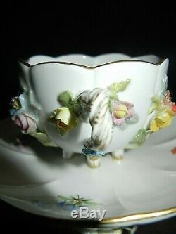 Beautiful 19th Century Encrusted Floral Meissen Demitasse Cup And Saucer