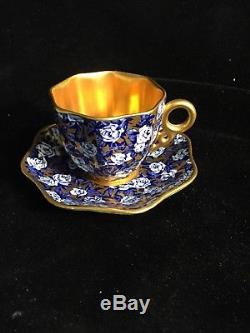 Beautiful Anique Coalport Demi Blue Gold Roses Demitasse Cup Saucer