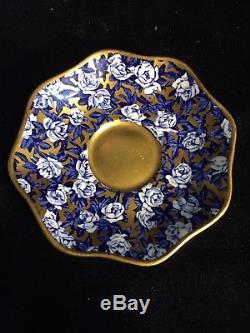 Beautiful Anique Coalport Demi Blue Gold Roses Demitasse Cup Saucer