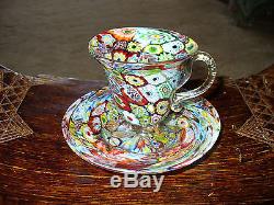 Beautiful Vintage Venetian Millefiore Crazy Quilt Demitasse Cup and Saucer 1950s