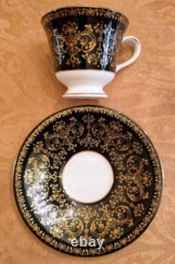 Black Gold Wedgwood Caernarvon Footed Coffee Demitasse Cup & Saucer Set 7 avail Black Gold Wedgwood Caernarvon Footed Coffee Demitasse Cup & Saucer Set 7 avail