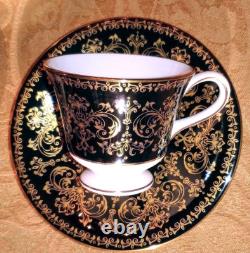 Black Gold Wedgwood Caernarvon Footed Coffee Demitasse Cup & Saucer Set 7 avail