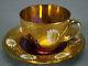 Bohemian Moser Style Enameled Gold & Cranberry Flashed Demitasse Cup & Saucer