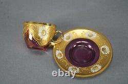 Bohemian Moser Style Enameled Gold & Cranberry Flashed Demitasse Cup & Saucer