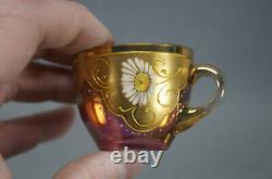 Bohemian Moser Style Enameled Gold & Cranberry Flashed Demitasse Cup & Saucer