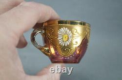 Bohemian Moser Style Enameled Gold & Cranberry Flashed Demitasse Cup & Saucer