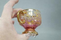 Bohemian Moser Type Enameled Gold Scrollwork Cranberry Demitasse Cup & Saucer A