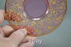 Bohemian Moser Type Enameled Gold Scrollwork Cranberry Demitasse Cup & Saucer E