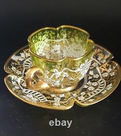 Bohemian Moser Type Enameled Gold Scrollwork Light Green Demitasse Cup & Saucer