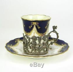 Boxed set 6 Coalport Coffee Cup Can Sterling teaglass demitasse holder Edwardian