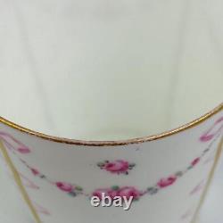 C1903 Antique Royal Crown Derby Demitasse Coffee Cup & Saucer Pink Bows & Roses