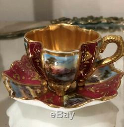 COALPORT QUATREFOIL Burgandy HANDPAINTED GOLD MINIATURE Demitasse CUP SAUCER