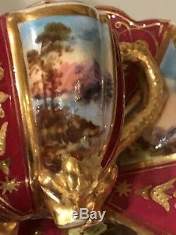 COALPORT QUATREFOIL Burgandy HANDPAINTED GOLD MINIATURE Demitasse CUP SAUCER