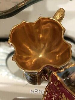 COALPORT QUATREFOIL Burgandy HANDPAINTED GOLD MINIATURE Demitasse CUP SAUCER