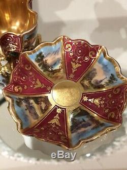 COALPORT QUATREFOIL Burgandy HANDPAINTED GOLD MINIATURE Demitasse CUP SAUCER