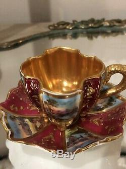 COALPORT QUATREFOIL Burgandy HANDPAINTED GOLD MINIATURE Demitasse CUP SAUCER