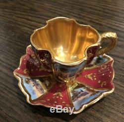 COALPORT QUATREFOIL Burgandy HANDPAINTED GOLD MINIATURE Demitasse CUP SAUCER