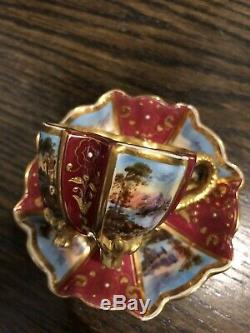 COALPORT QUATREFOIL Burgandy HANDPAINTED GOLD MINIATURE Demitasse CUP SAUCER