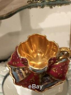 COALPORT QUATREFOIL Burgandy HANDPAINTED GOLD MINIATURE Demitasse CUP SAUCER