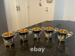 Capodimonte Blue & Gold Demitasse 5 Cups & 6 SaucersCherubsHigh Relief Read