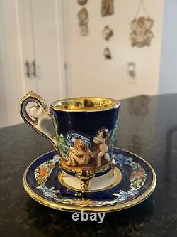 Capodimonte Blue & Gold Demitasse 5 Cups & 6 SaucersCherubsHigh Relief Read