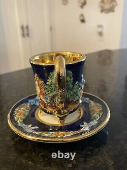 Capodimonte Blue & Gold Demitasse 5 Cups & 6 SaucersCherubsHigh Relief Read