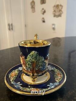 Capodimonte Blue & Gold Demitasse 5 Cups & 6 SaucersCherubsHigh Relief Read