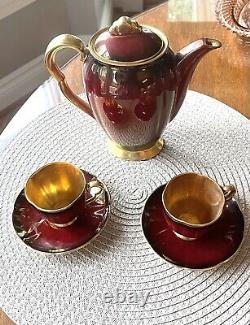 Carlton Ware Rouge Royale Teapot with lid and 2 demitasse cups and saucers
