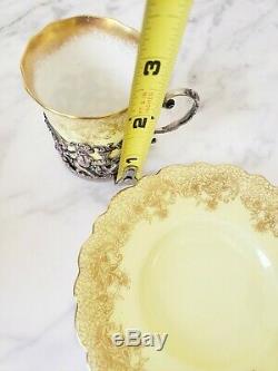 Cased demitasse Yellow Aynsley Sterling silver Cherubs coffee cup and saucers