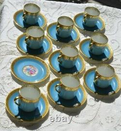 Charles Ahrenfeldt Limoges Demitasse 9 Cups 10 Saucers EXCELLENT Robin Egg Blue