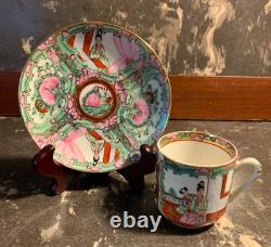 Chinese Famille Rose Medallion Set of 5 Demitasse Cups with Saucers Hand Painted