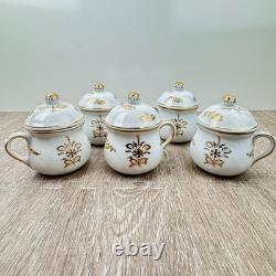 Chocolate Pot de Creme Handled Demitasse Cups Set of 5 with Lids White Gold