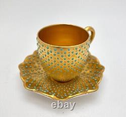 Coalport Demitasse Cup & Saucer Gilt Gold Turquoise Beaded Jewels