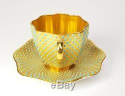 Coalport Porcelain Jeweled Turquoise on Gold Demitasse Cup & Saucer INCREDIBLE