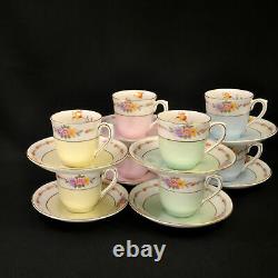Colclough Set 8 Cups & Saucers Demitasse Color Bands Floral Garlands 1939-1945