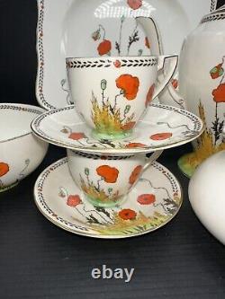 Crown Ducal 1920's A1915 Poppy Demitasse Pot Demitasse Cups Saucers + Extras