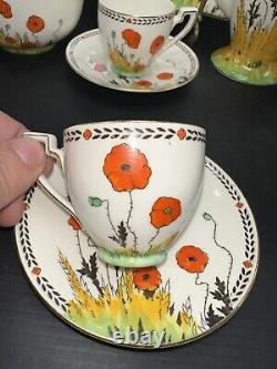 Crown Ducal 1920's A1915 Poppy Demitasse Pot Demitasse Cups Saucers + Extras