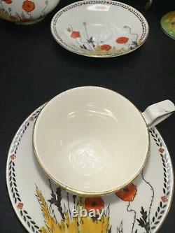 Crown Ducal 1920's A1915 Poppy Demitasse Pot Demitasse Cups Saucers + Extras