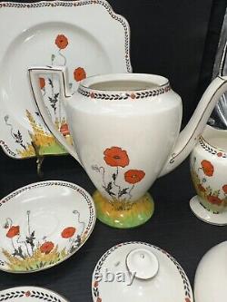 Crown Ducal 1920's A1915 Poppy Demitasse Pot Demitasse Cups Saucers + Extras