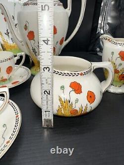 Crown Ducal 1920's A1915 Poppy Demitasse Pot Demitasse Cups Saucers + Extras