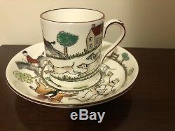 Crown Staffordshire Hunting Scene Demitasse Flat Cups & Saucers Set of 6 In Box