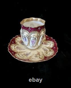 Delicate Antique Dresden Handpainted Floral Gilt Porcelain Demitasse Cup Saucer