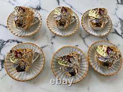 Demitasse Raised Gold Flower Remember Me Cup & Saucer Hand Painted 12 Piece SET