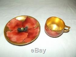 Demitasse Tea Cup & Saucer A. K France Limoges hand painted signed poppy red gold